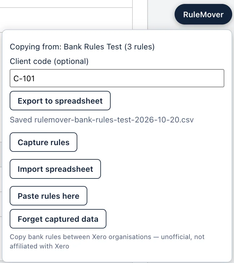 The RuleMover panel in Xero after capturing 3 rules: client code C-101 typed in, and the message Saved rulemover-bank-rules-test-2026-10-20.csv under the Export to spreadsheet button.