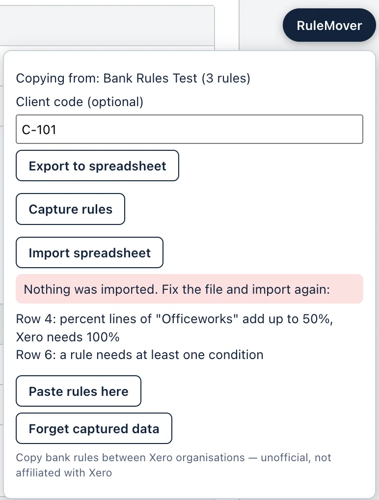The RuleMover panel listing two problems: Row 4, the percent lines of Officeworks add up to 50% and Xero needs 100%; Row 6, a rule needs at least one condition. The heading says Nothing was imported.
