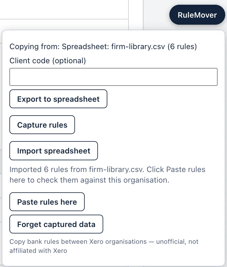 The RuleMover panel after an import: Copying from Spreadsheet: firm-library.csv (6 rules), with the message Imported 6 rules from firm-library.csv. Click Paste rules here to check them against this organisation.