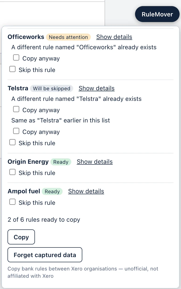 The RuleMover preview: Officeworks needs attention because a different rule named Officeworks already exists; the second Telstra will be skipped because it is the same as Telstra earlier in the list; Origin Energy and Ampol fuel are ready. 2 of 6 rules ready to copy.